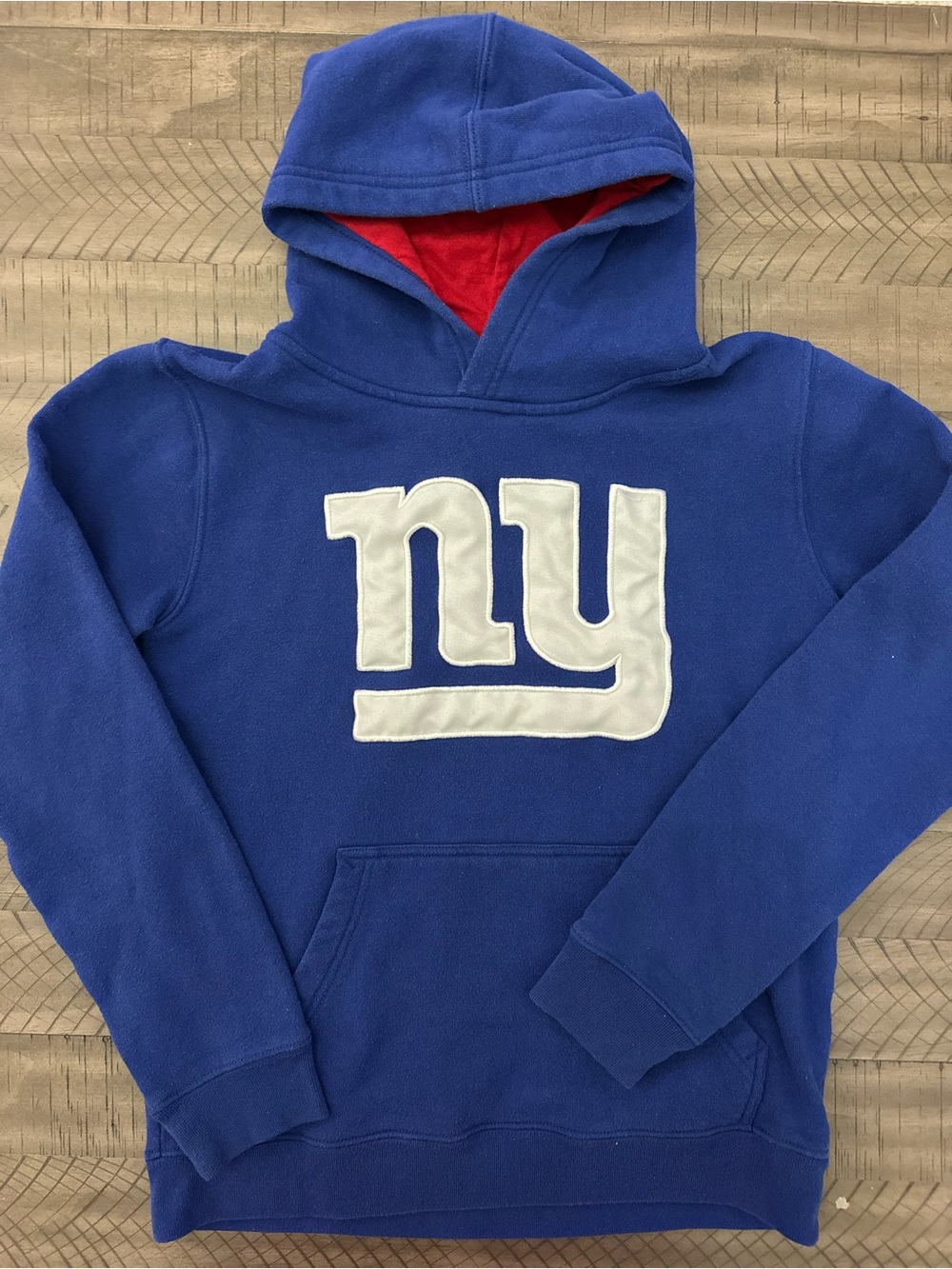 NFL Blue Hoodie with White NY Giants Logo and Red Hood Lining